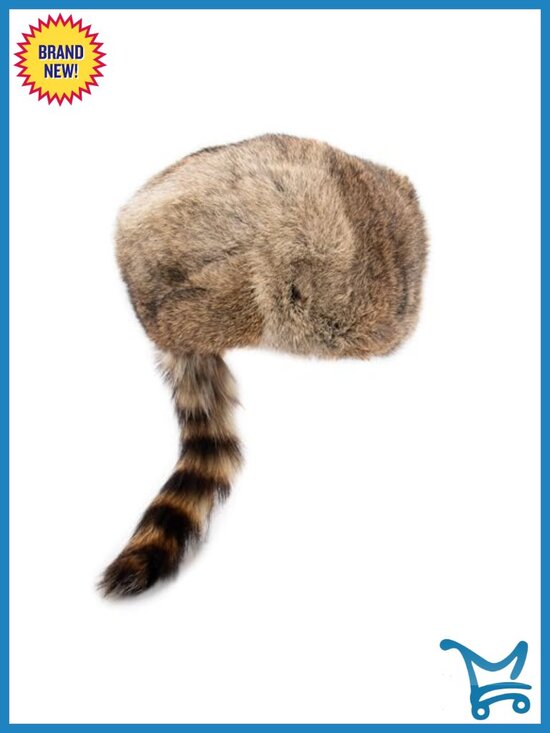 Real Rabbit Fur Coonskin Hat with Raccoon Tail Unisex Winter Beanie